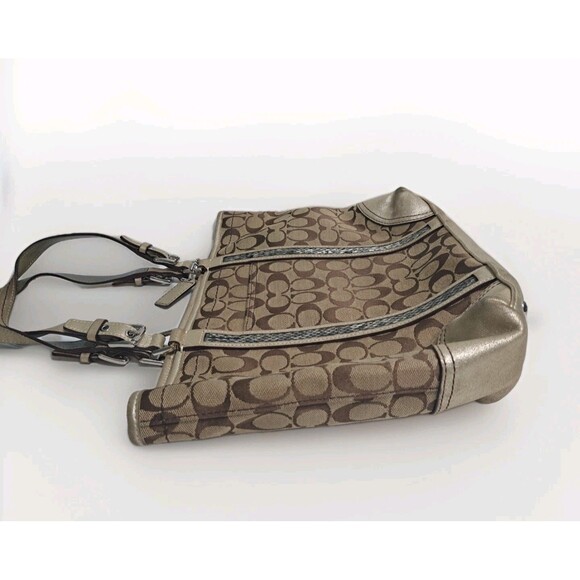 Coach Signature C Khaki Tote Jacquard Beaded Shoulder Bag Gold Brown F05J-8K52 - Picture 5 of 13
